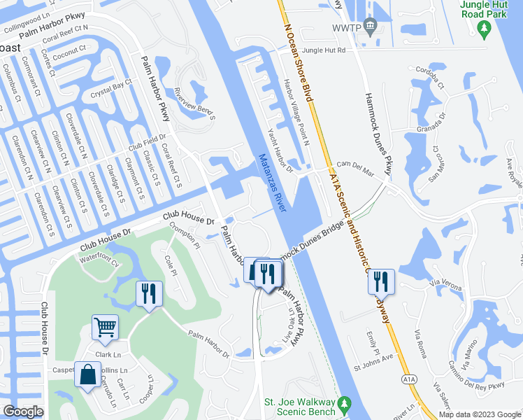 map of restaurants, bars, coffee shops, grocery stores, and more near 146 Palm Coast Resort Boulevard in Palm Coast