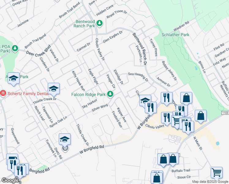 map of restaurants, bars, coffee shops, grocery stores, and more near 409 Night Hawk in Cibolo