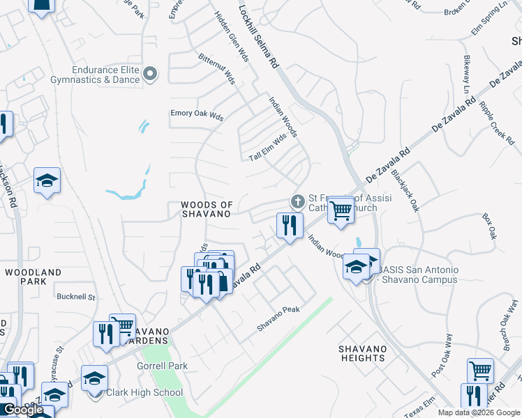 map of restaurants, bars, coffee shops, grocery stores, and more near 4335 Center Oak Woods Street in San Antonio