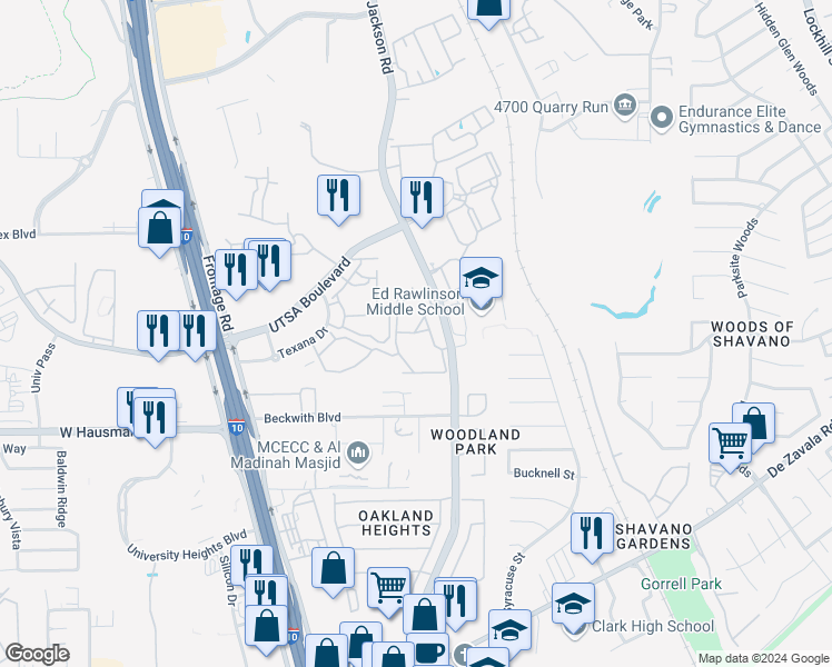 map of restaurants, bars, coffee shops, grocery stores, and more near 14111 Vance Jackson Road in San Antonio