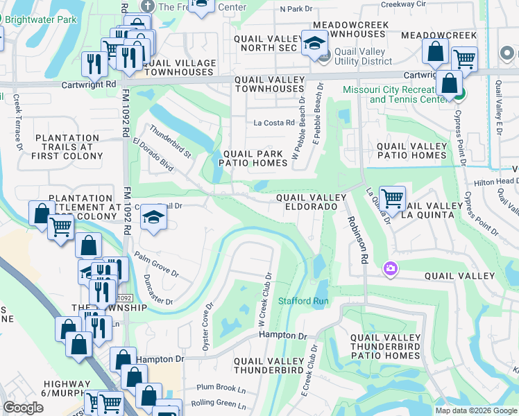 map of restaurants, bars, coffee shops, grocery stores, and more near 3307 El Dorado Blvd in Missouri City