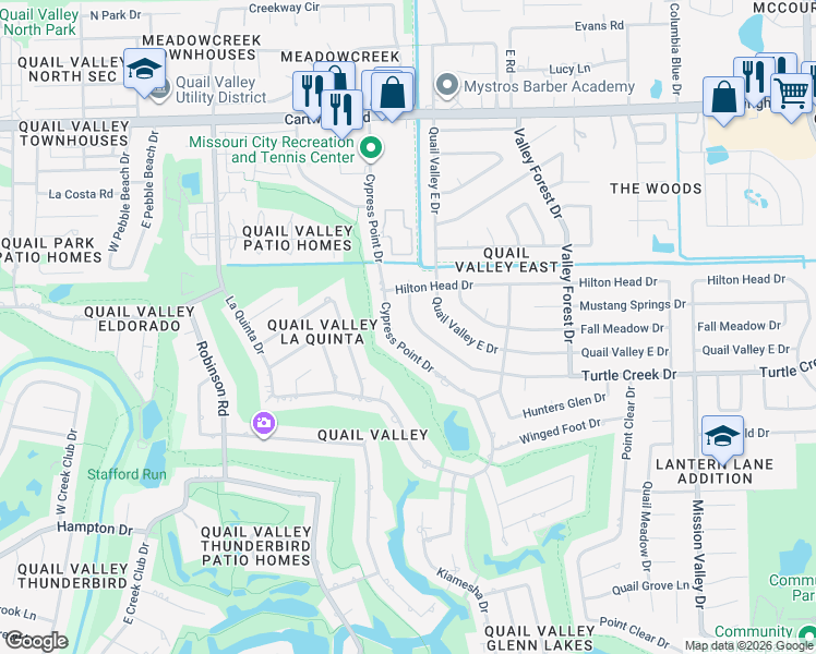 map of restaurants, bars, coffee shops, grocery stores, and more near 2511 Turtle Creek Drive in Missouri City