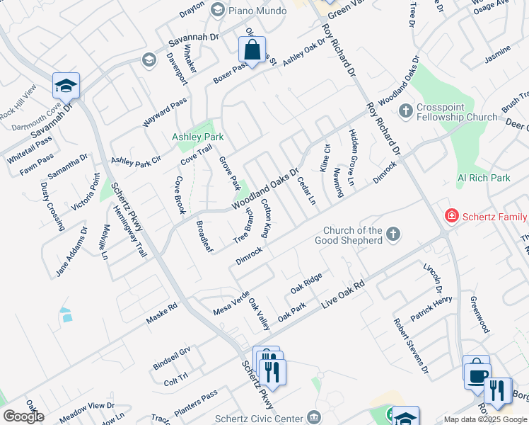 map of restaurants, bars, coffee shops, grocery stores, and more near 2633 Cotton King in Schertz