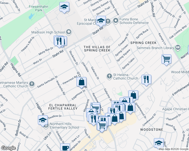 map of restaurants, bars, coffee shops, grocery stores, and more near 5258 Galacino Street in San Antonio