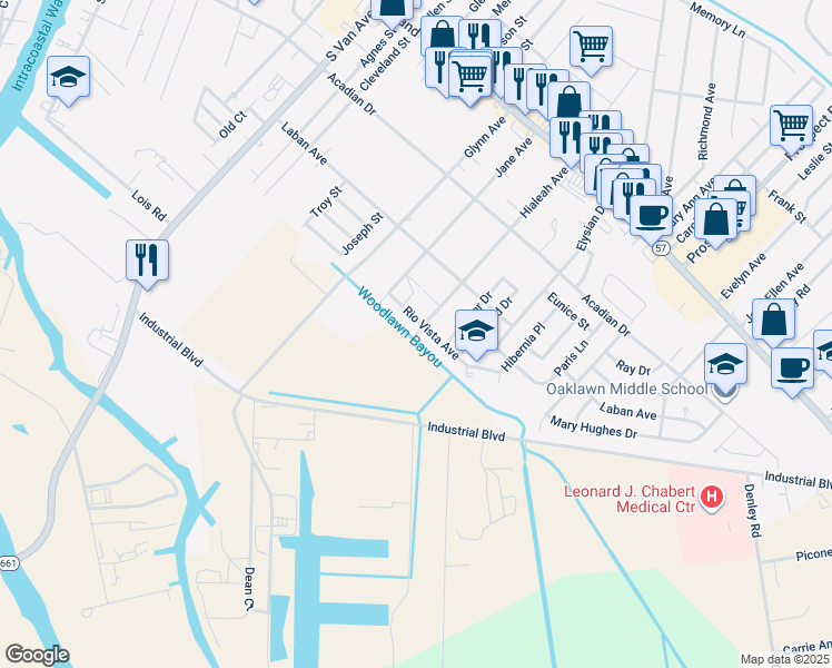 map of restaurants, bars, coffee shops, grocery stores, and more near 498 Hialeah Avenue in Houma