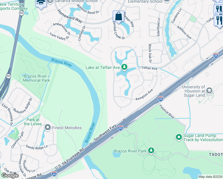 map of restaurants, bars, coffee shops, grocery stores, and more near 1523 Ralston Branch Way in Sugar Land
