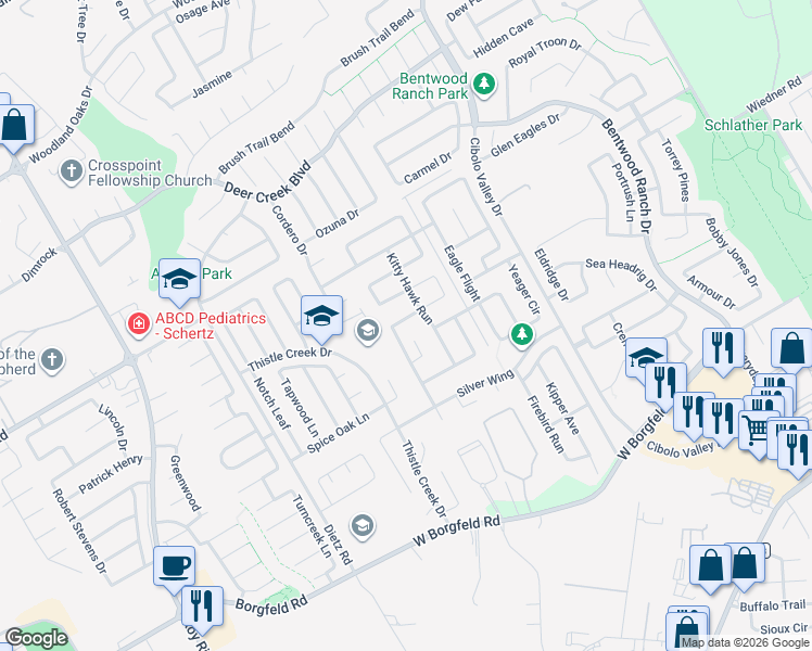 map of restaurants, bars, coffee shops, grocery stores, and more near 129 Earhart Lane in Cibolo