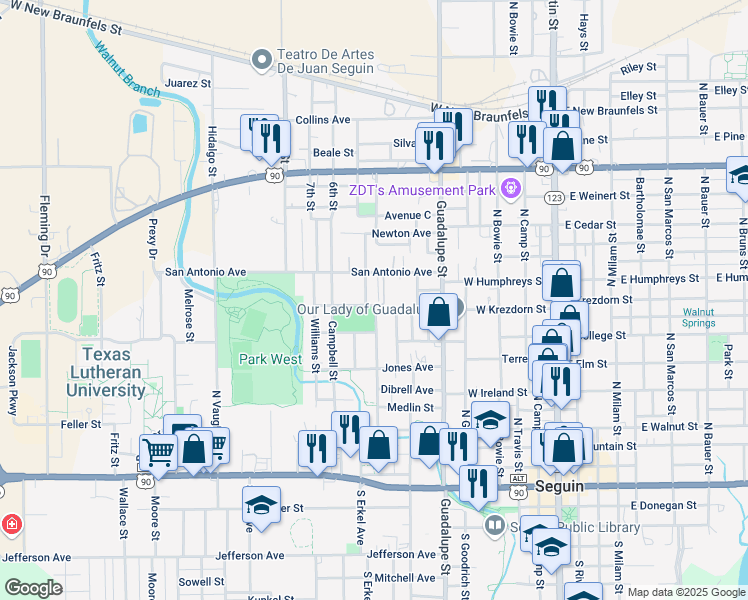 map of restaurants, bars, coffee shops, grocery stores, and more near 700 Cemetery Avenue in Seguin