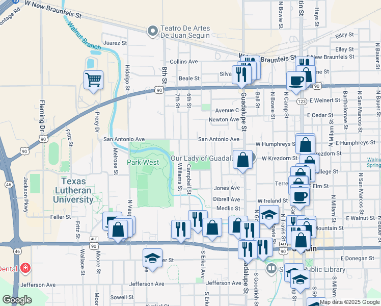 map of restaurants, bars, coffee shops, grocery stores, and more near 805 Campbell Street in Seguin