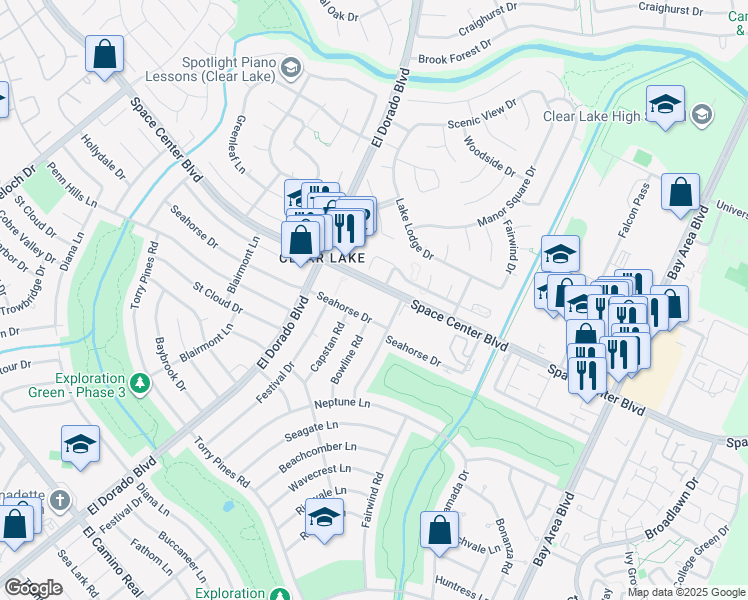 map of restaurants, bars, coffee shops, grocery stores, and more near 1726 Bowline Road in Houston