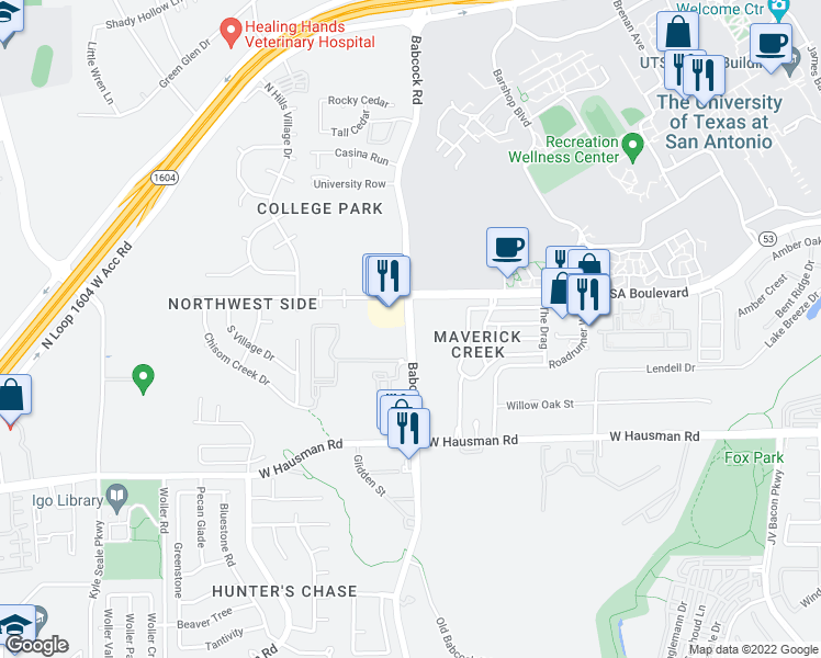 map of restaurants, bars, coffee shops, grocery stores, and more near 13902 Babcock Rd in San Antonio
