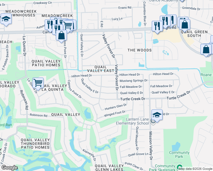 map of restaurants, bars, coffee shops, grocery stores, and more near 2215 Fall Meadow Drive in Missouri City
