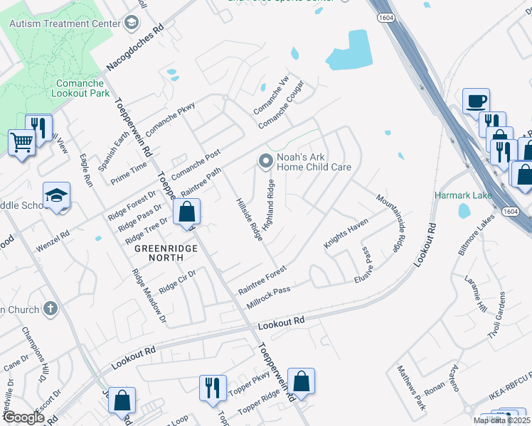 map of restaurants, bars, coffee shops, grocery stores, and more near 14622 Highland Ridge in San Antonio