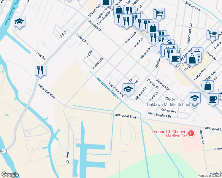 map of restaurants, bars, coffee shops, grocery stores, and more near 498 Hialeah Avenue in Houma