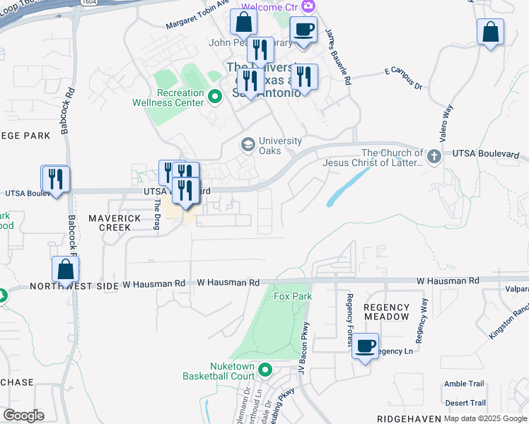 map of restaurants, bars, coffee shops, grocery stores, and more near 6735 Lendell Drive in San Antonio