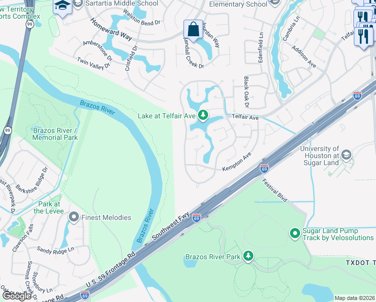 map of restaurants, bars, coffee shops, grocery stores, and more near 1510 Ralston Branch Way in Sugar Land
