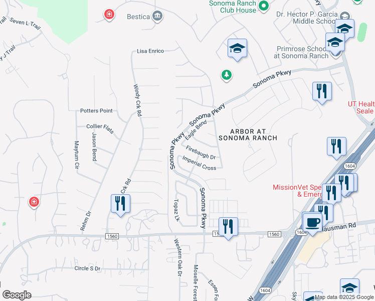 map of restaurants, bars, coffee shops, grocery stores, and more near 8915 Imperial Cross in Helotes