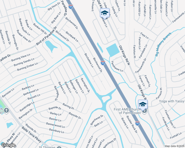 map of restaurants, bars, coffee shops, grocery stores, and more near 97 Birchwood Drive in Palm Coast