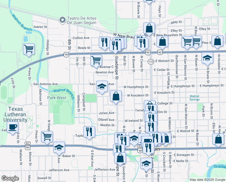map of restaurants, bars, coffee shops, grocery stores, and more near 412 West Krezdorn Street in Seguin