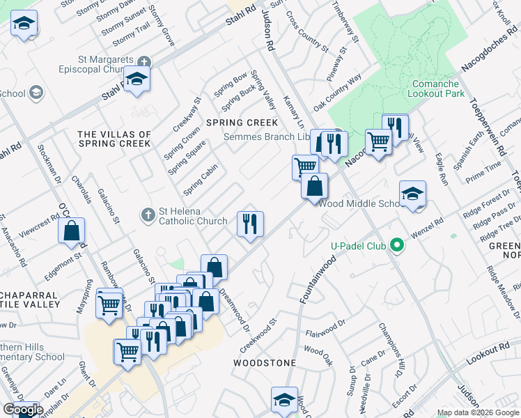 map of restaurants, bars, coffee shops, grocery stores, and more near 5754 Spring Moon Street in San Antonio