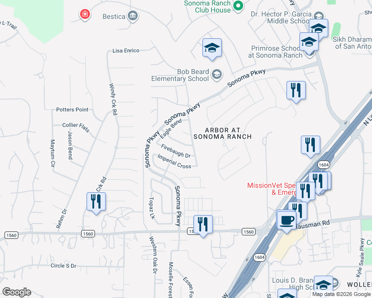 map of restaurants, bars, coffee shops, grocery stores, and more near 8826 Firebaugh Drive in Helotes