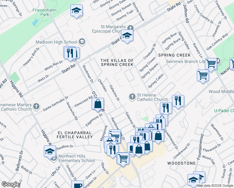 map of restaurants, bars, coffee shops, grocery stores, and more near 5258 Galacino Street in San Antonio