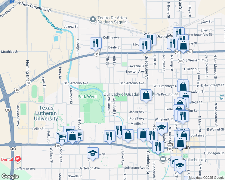 map of restaurants, bars, coffee shops, grocery stores, and more near 805 Campbell Street in Seguin