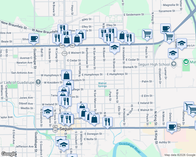 map of restaurants, bars, coffee shops, grocery stores, and more near 620 Hackberry Street in Seguin
