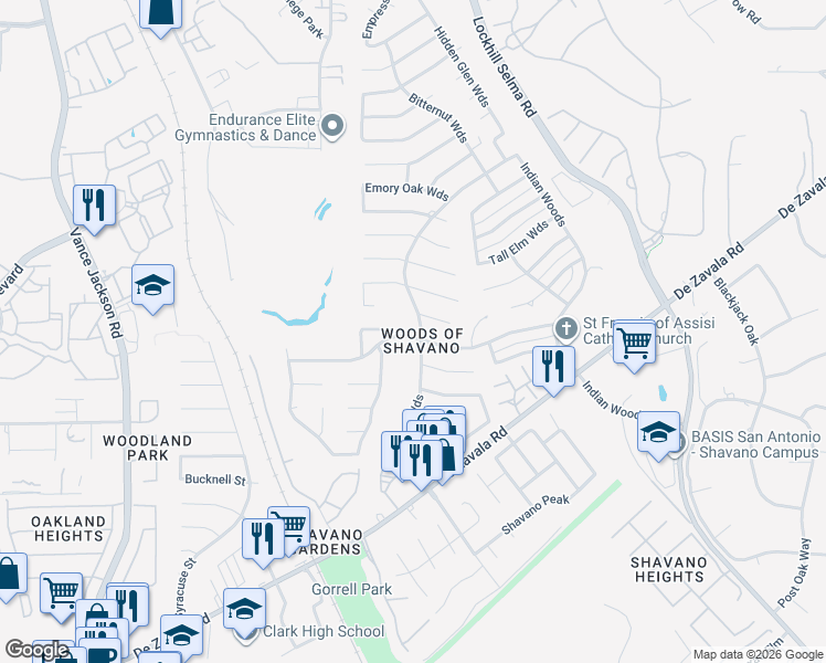 map of restaurants, bars, coffee shops, grocery stores, and more near 4430 Shavano Woods in San Antonio