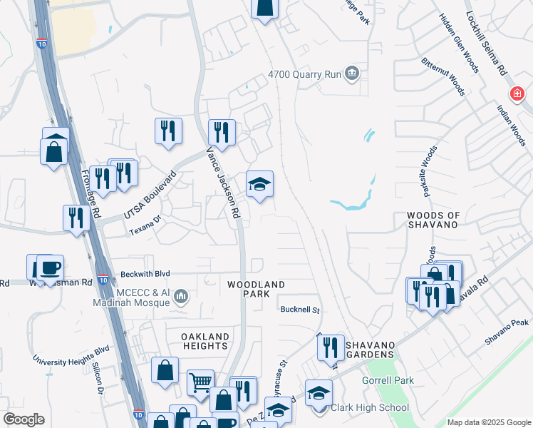 map of restaurants, bars, coffee shops, grocery stores, and more near 4927 Babson Street in San Antonio