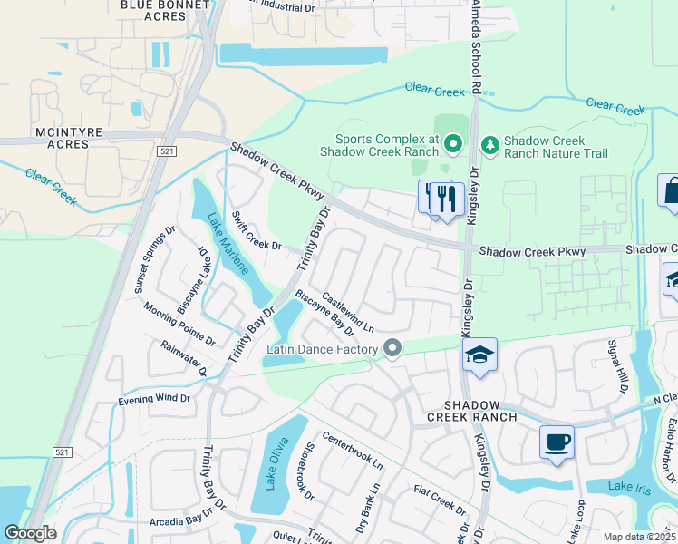 map of restaurants, bars, coffee shops, grocery stores, and more near 2013 Running Brook Lane in Pearland