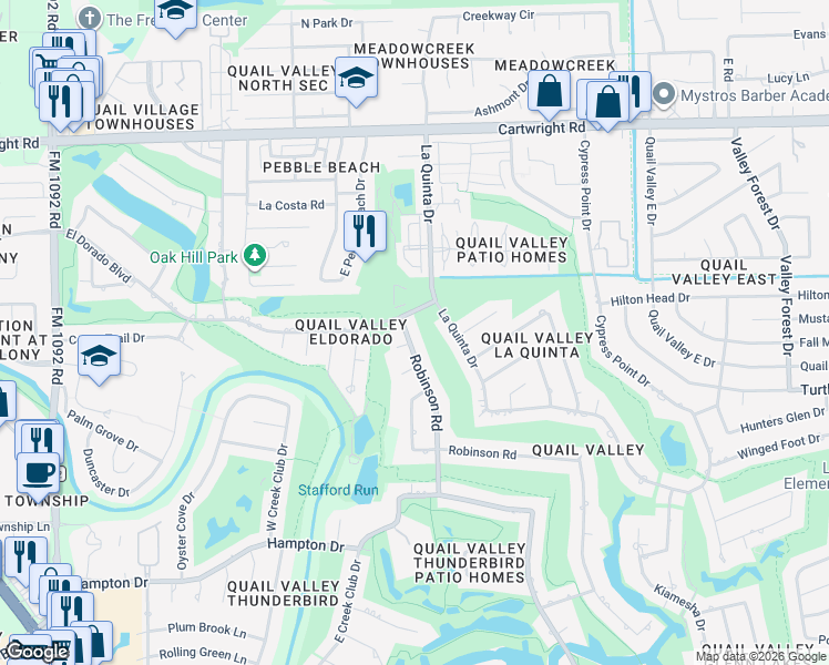 map of restaurants, bars, coffee shops, grocery stores, and more near 2919 Robinson Road in Missouri City