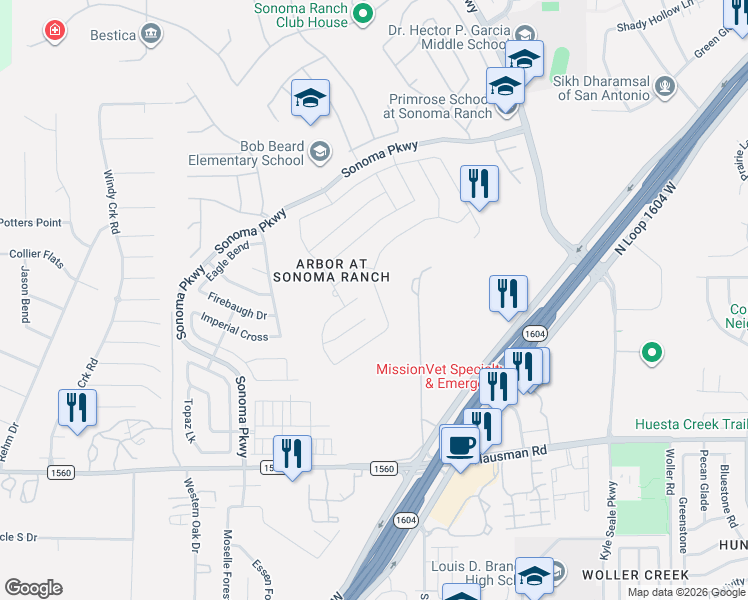 map of restaurants, bars, coffee shops, grocery stores, and more near 8731 Feather Trail in Helotes