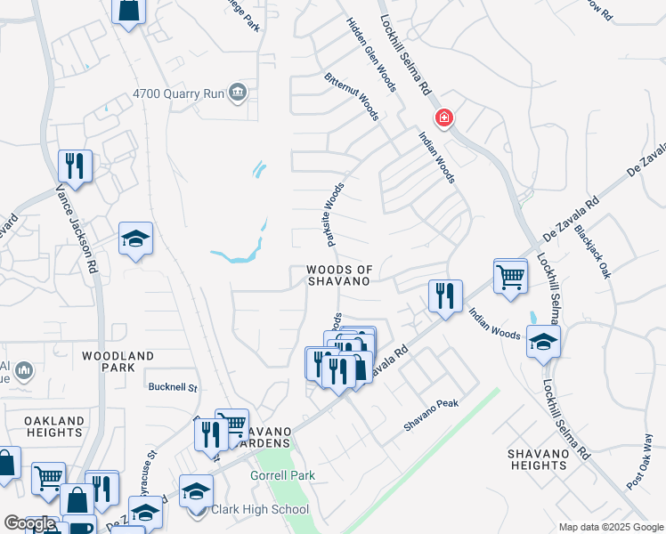 map of restaurants, bars, coffee shops, grocery stores, and more near 4430 Shavano Woods in San Antonio