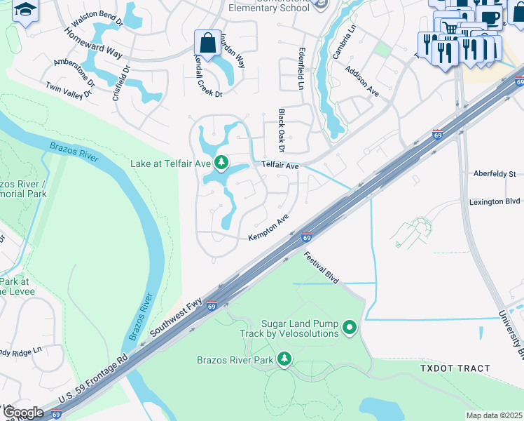 map of restaurants, bars, coffee shops, grocery stores, and more near 2423 Ralston Branch Way in Sugar Land
