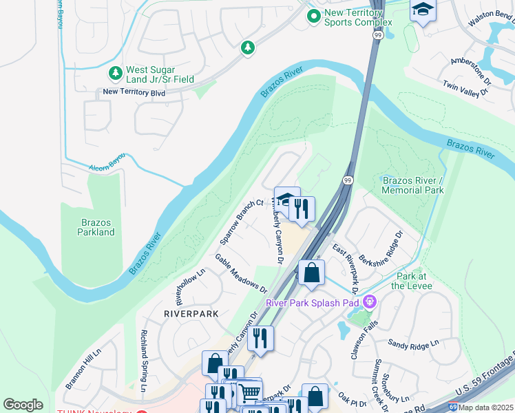 map of restaurants, bars, coffee shops, grocery stores, and more near 2311 Stoneburg Court in Sugar Land