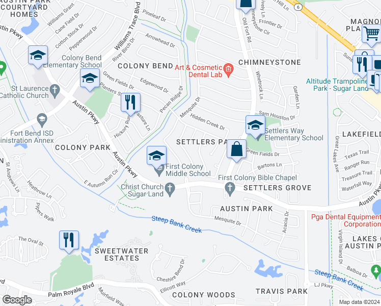 map of restaurants, bars, coffee shops, grocery stores, and more near 3303 Kempwood Drive in Sugar Land