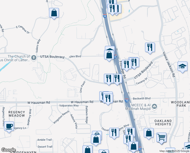 map of restaurants, bars, coffee shops, grocery stores, and more near 5655 UTSA Boulevard in San Antonio