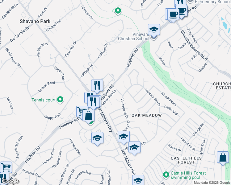 map of restaurants, bars, coffee shops, grocery stores, and more near 2922 Green Run Lane in San Antonio