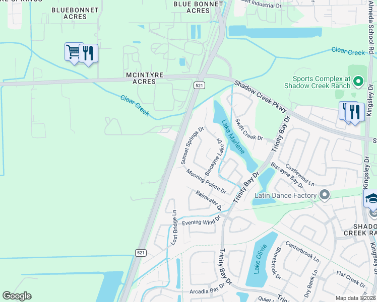 map of restaurants, bars, coffee shops, grocery stores, and more near 2015 Sunset Springs Drive in Pearland