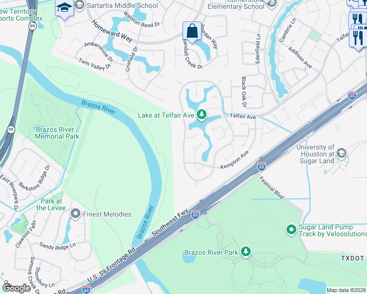 map of restaurants, bars, coffee shops, grocery stores, and more near 1510 Ralston Branch Way in Sugar Land