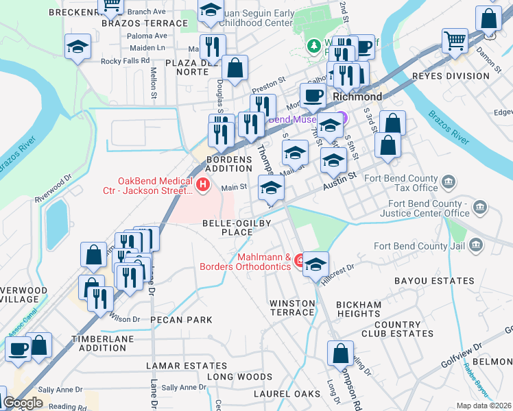 map of restaurants, bars, coffee shops, grocery stores, and more near 1311 Austin Street in Richmond