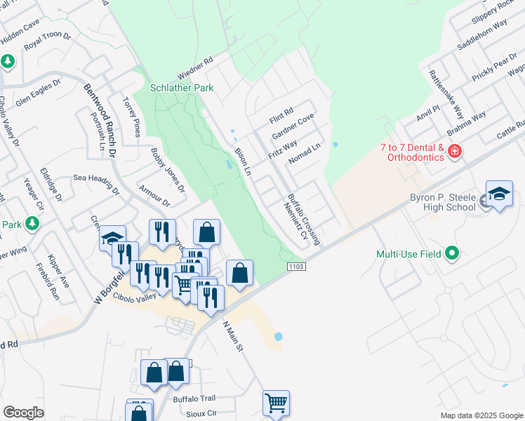 map of restaurants, bars, coffee shops, grocery stores, and more near 180 Bison Lane in Cibolo