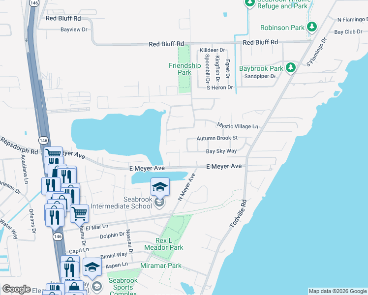 map of restaurants, bars, coffee shops, grocery stores, and more near 820 Dawn Ridge Way in Seabrook