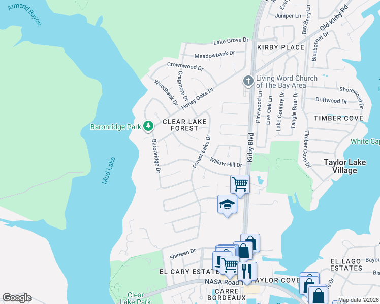 map of restaurants, bars, coffee shops, grocery stores, and more near 4115 Willow Hill Drive in Seabrook