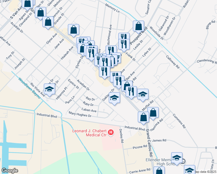 map of restaurants, bars, coffee shops, grocery stores, and more near 1254 Grand Caillou Road in Houma