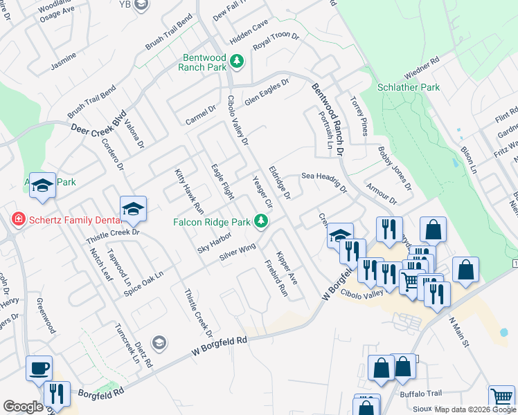 map of restaurants, bars, coffee shops, grocery stores, and more near 133 Falcon Park in Cibolo