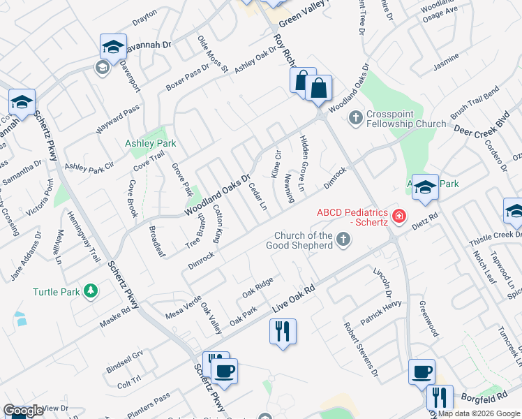 map of restaurants, bars, coffee shops, grocery stores, and more near 2512 Cedar Lane in Schertz