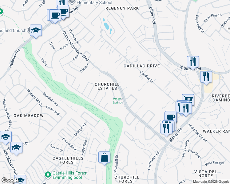 map of restaurants, bars, coffee shops, grocery stores, and more near 14711 Bold Venture in San Antonio