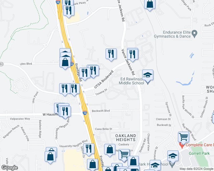 map of restaurants, bars, coffee shops, grocery stores, and more near Texana Drive in San Antonio